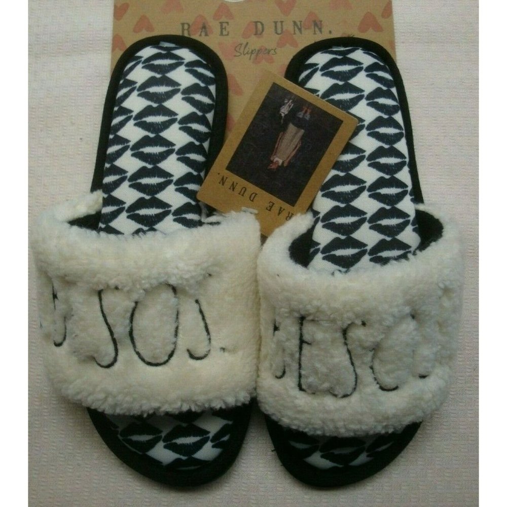 New Rae Dunn Women's House Slide Slippers Black/Ivory Besos Kisses Large 9-10